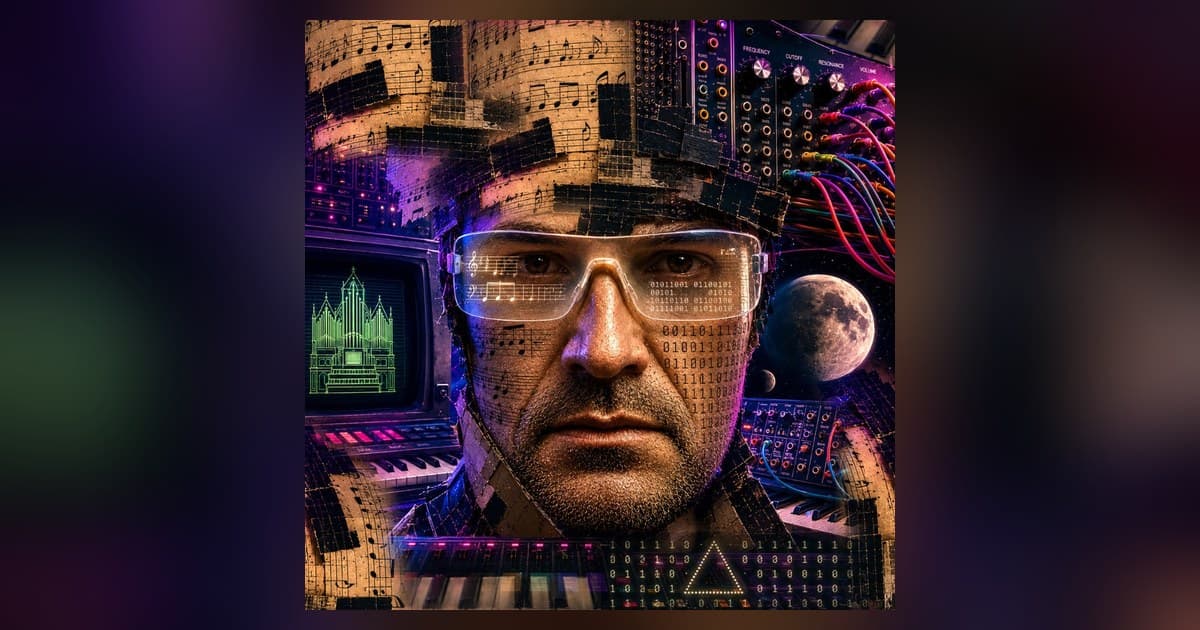 Surreal portrait of DADAMOOG with futuristic glasses showing musical notation and binary code, surrounded by synthesizers, a moon, and retro computer imagery.