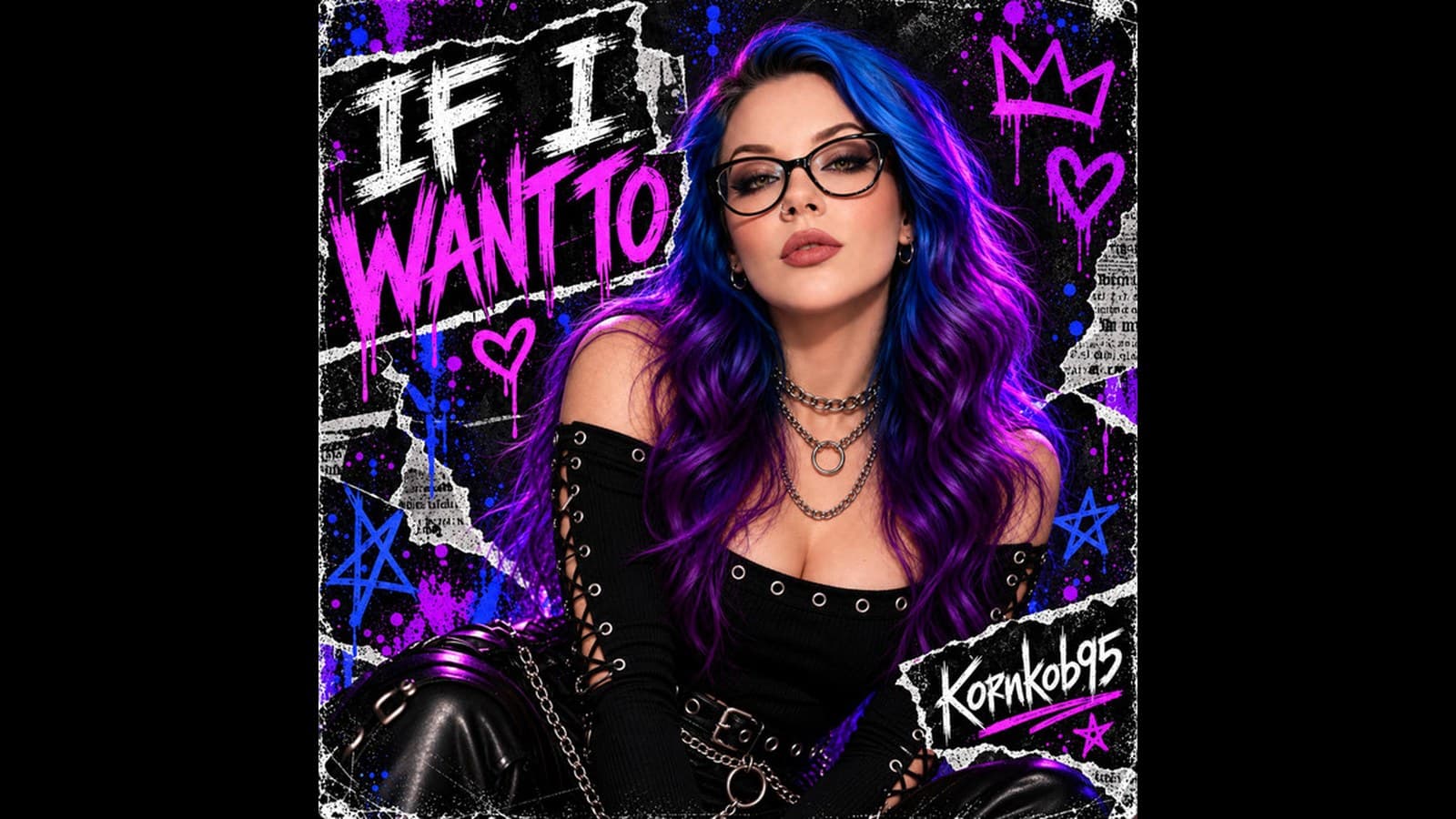 The “If I Want To” cover art: Kornkob95 with long blue and purple hair, black glasses, and layered silver chains, framed by torn paper, pink graffiti lettering, hearts, and stars.