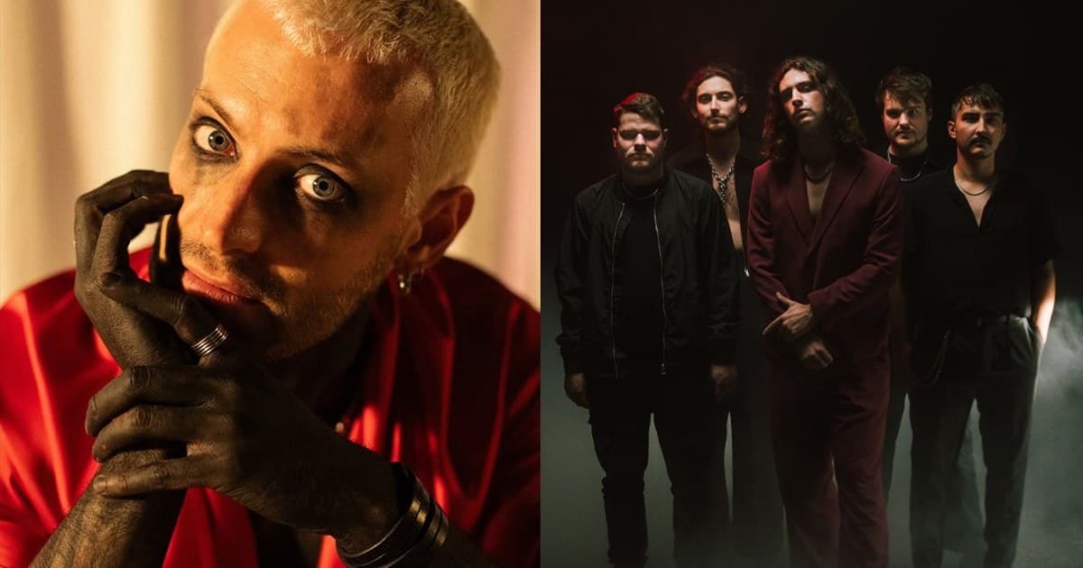 A two-panel image. On the left, producer Mazare in a red shirt with one hand painted black. On the right, the five members of metalcore band IMPVLSE in dark clothing against a smoky backdrop.