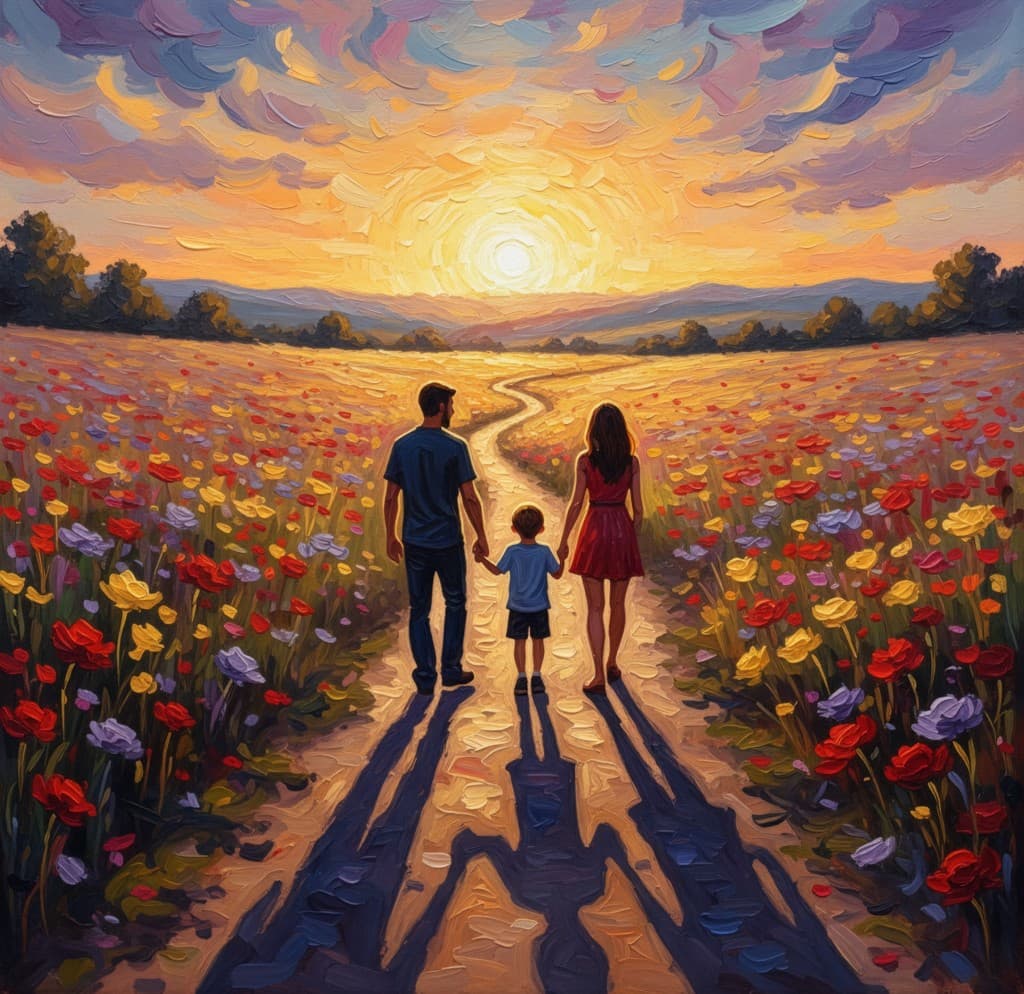 Legacy cover: a family of three walking a path through wildflowers toward a pale sun.