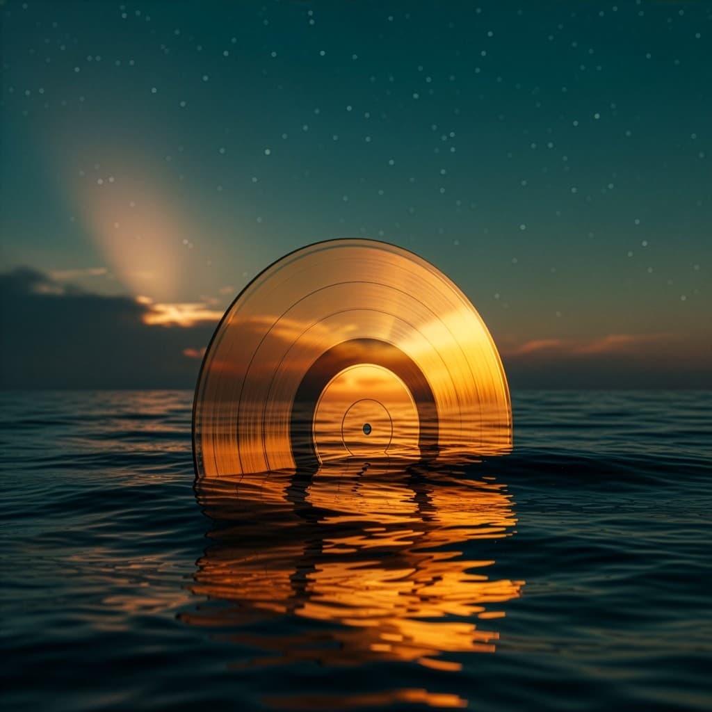 Let It Burn cover: a gold vinyl record standing in dark water like a setting sun.